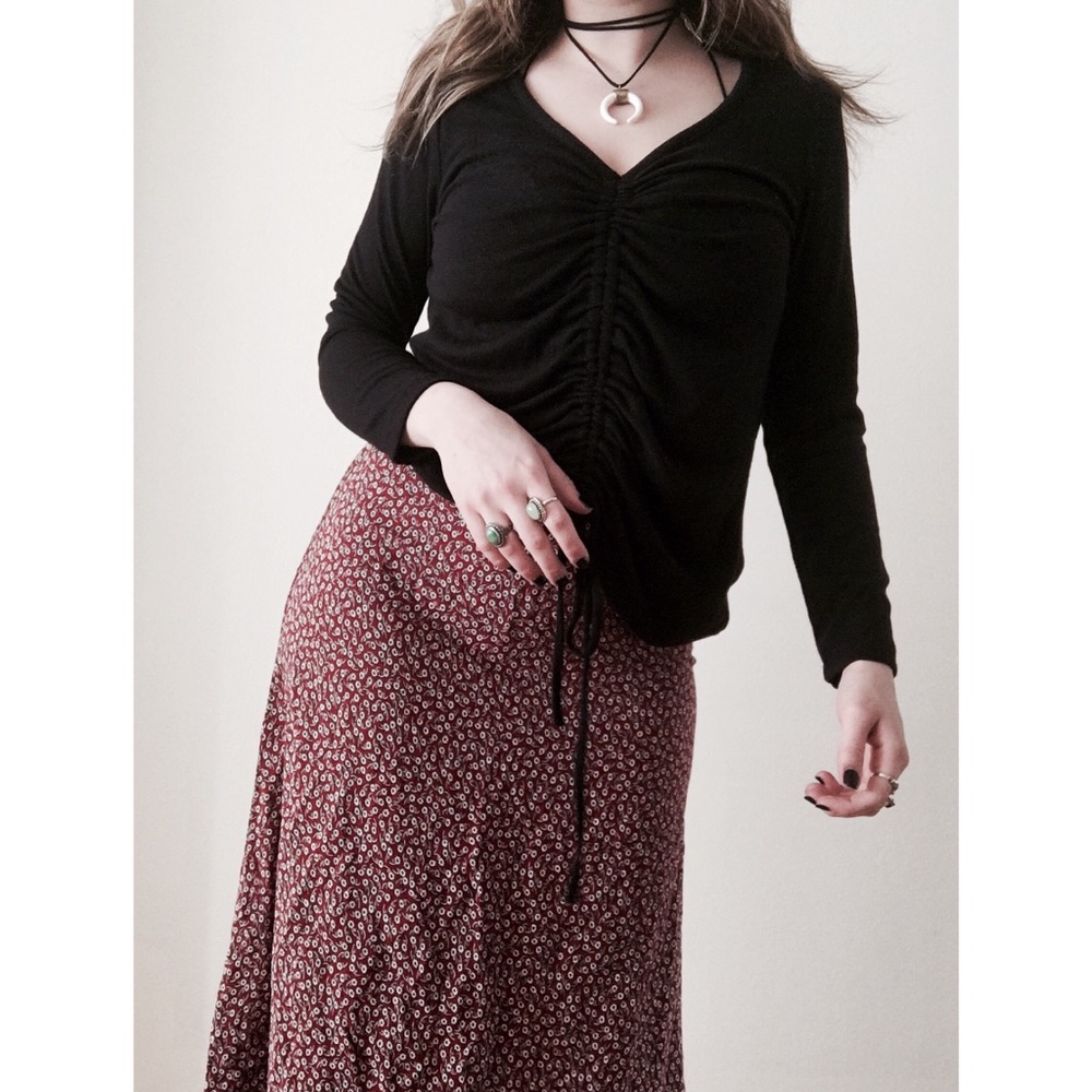 Black Ruche Drawstring Long Sleeve Tee Shirt